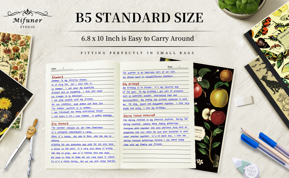 Mifuner B5 Lined Paper Journaling Notebook, 6.8x10In Wide