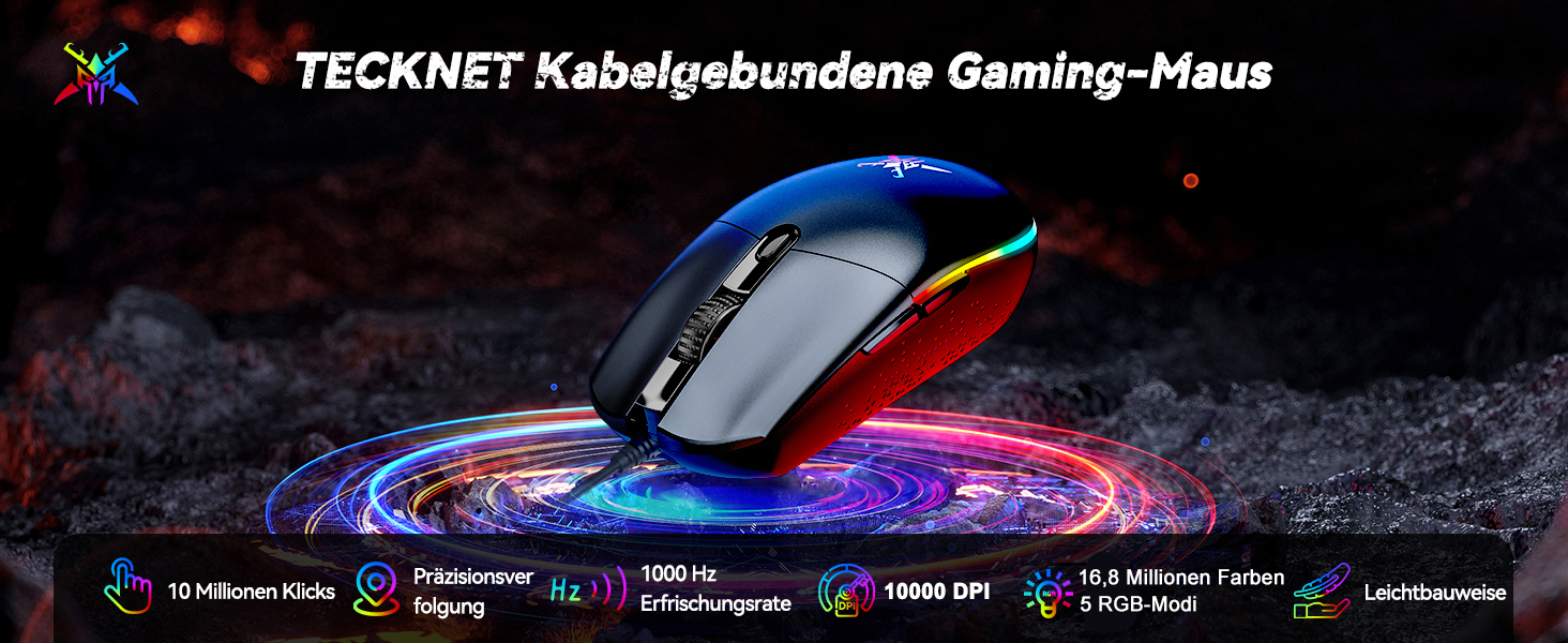 Der Text lautet „TECKNET Kabelgebundene Gaming-Maus“. Gaming-Maus auf dunkler Oberfläche mit RGB-Lichteffekten und unten abgebildeten Funktionssymbolen.