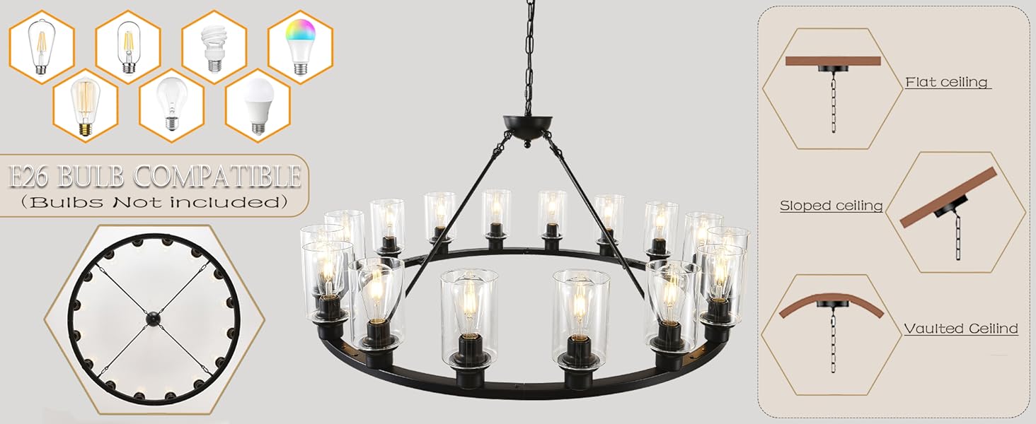 Farmhouse Chandelier Wagon Wheel for Flat, Vaulted, Sloped Ceilings