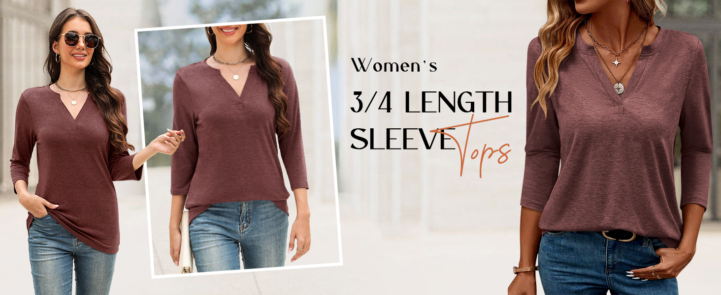Syellowafter women's 3/4 sleeve length shirts basic v neck solid tops