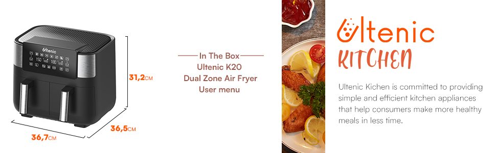 ULTENIC K20 - Dual Air Fryer - 3.8L*2 Air Fryer With Double - Independent Cooking & Sync Finish - Online Recipes - Digital Display With 6 Presets - 2850W 21 Ultenic K20 Size