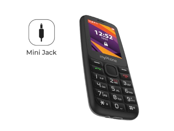 Text reads 'Mini Jack'. Mobile phone display showing colorful diagonal stripes, with numerical keypad visible below.