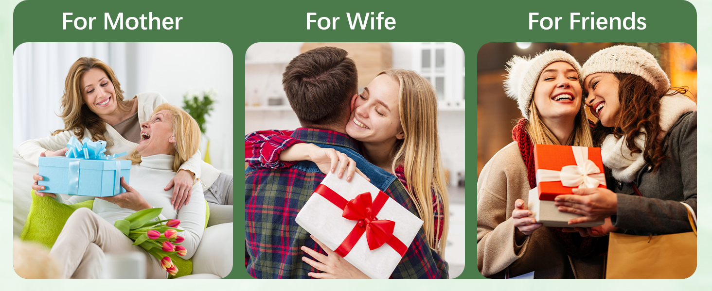 Three-panel image showing gift-giving scenarios: a wrapped blue present for a mother, a large white gift box with red ribbon for a wife, and a small red gift box for friends.