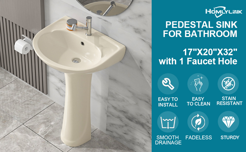 HOMLYLINK Pedestal Sink Bone 1 Hole, 20 x 17 Inch Bathroom Pedestal