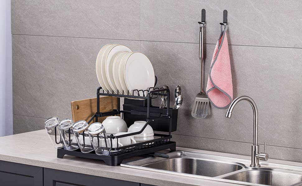 Yeelida Dish Rack,Aluminum 2 Tier Black Large Dish Drainers for Kitchen