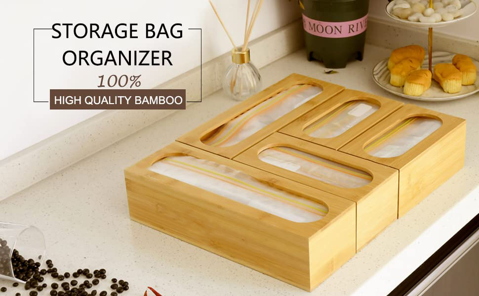 Ziplock Bag Storage Organizer for Kitchen Drawer, 5 Pcs Bamboo Food