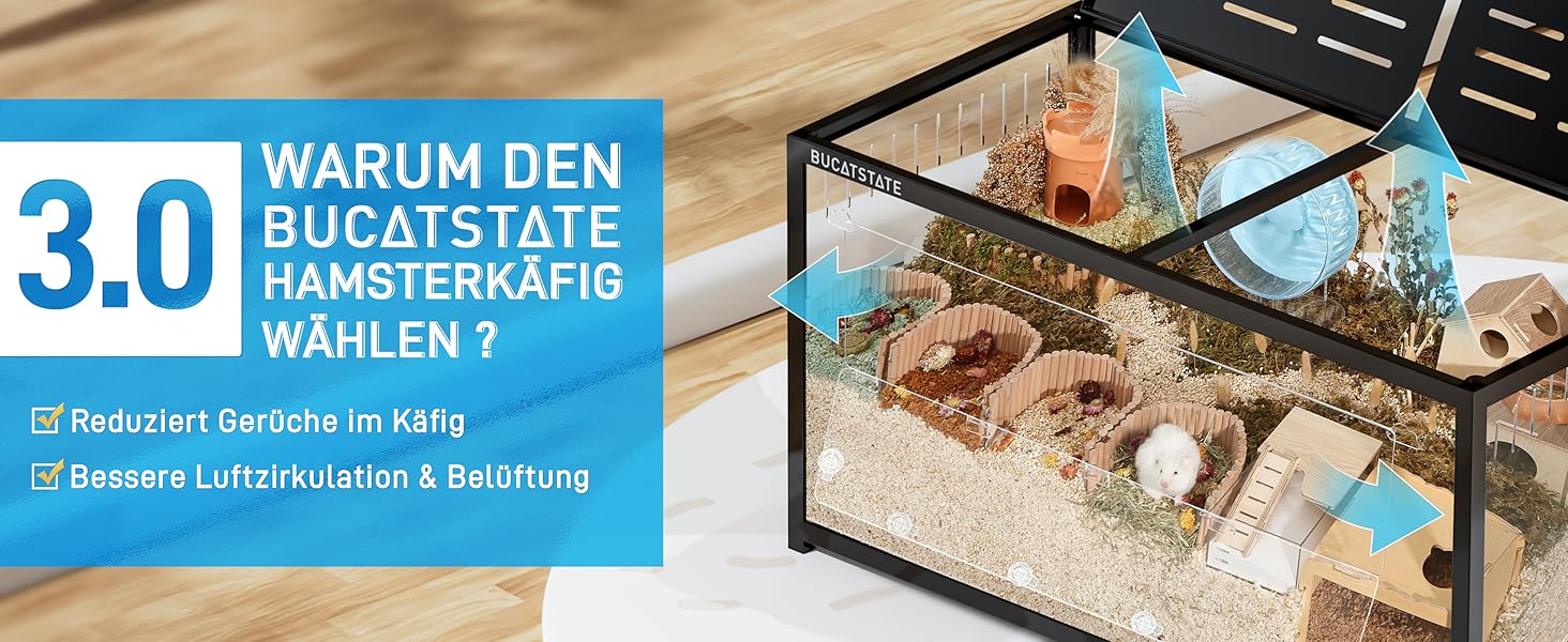 Glasterrarium für Hamster Mit Mehreren Ebenen, Röhren und Übungsberchenen. Der Text HEBT VORTEILE HERVOR, DARUNTER Geruchsreduzierung und Verbesserte Belüftung