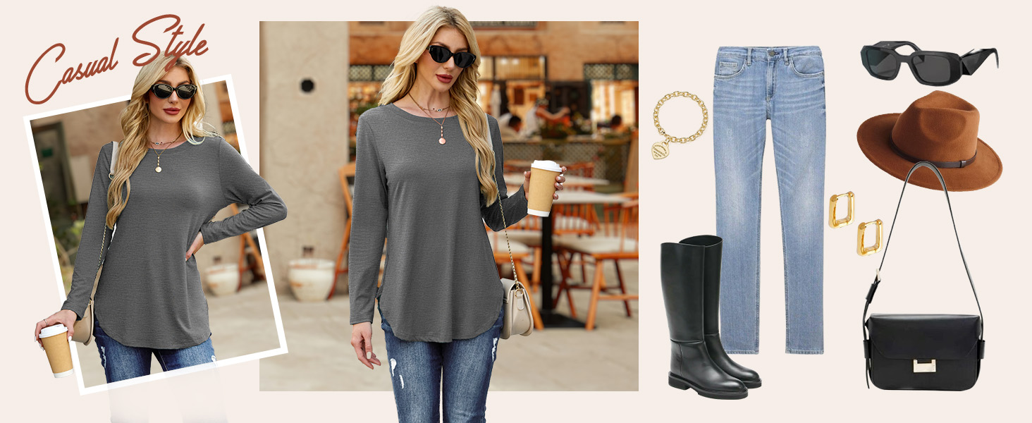 Women&amp;#39;s Casual Long Sleeve Crewneck T-Shirt with Side Split