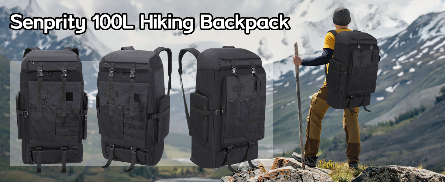 présenté en trois vues. Sac d'extérieur de grande capacité présenté par un randonneur en terrain montagneux.