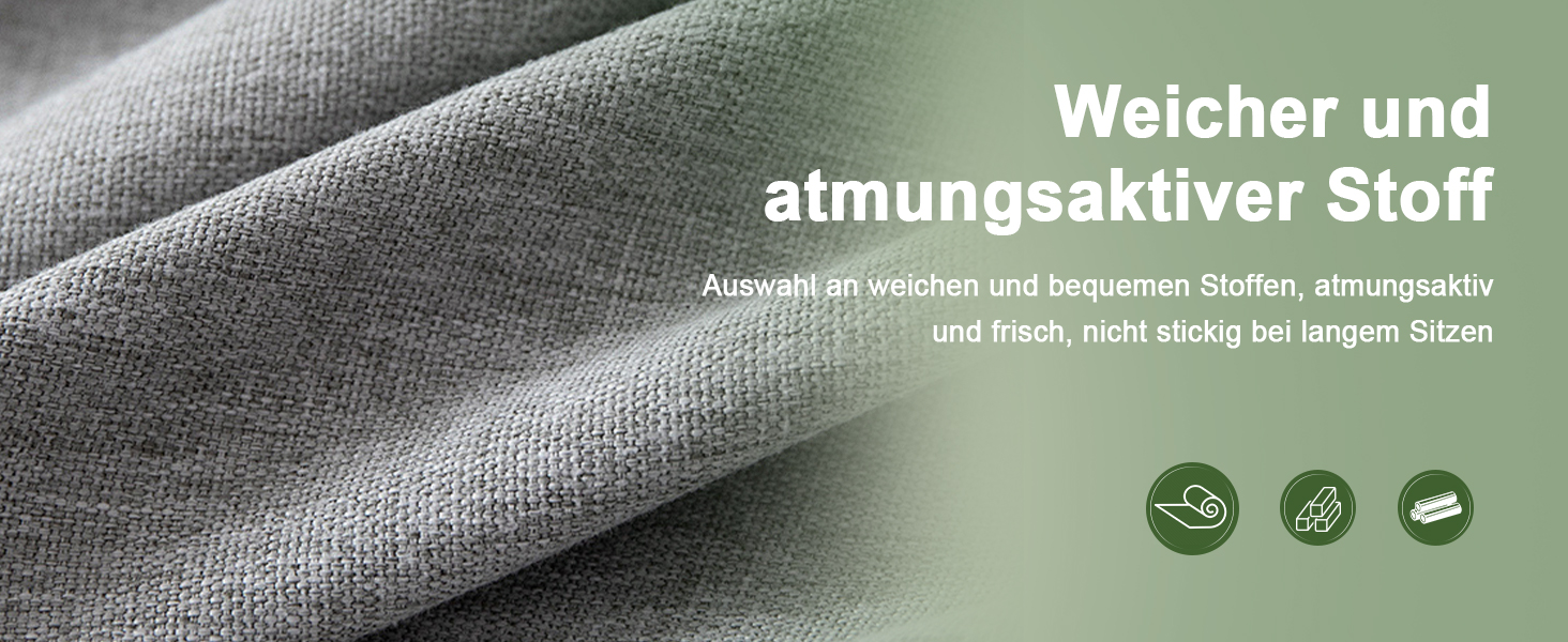 Nahaufnahme eines grauen Stoffes mit einem Text, der ihn als weiches und atmungsaktives Material beschreibt, das zum Sitzen und Schlafen geeignet