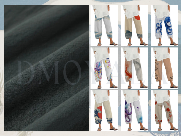 DMOYALA Capris Linen Pants for Women Ocean Japanese Art