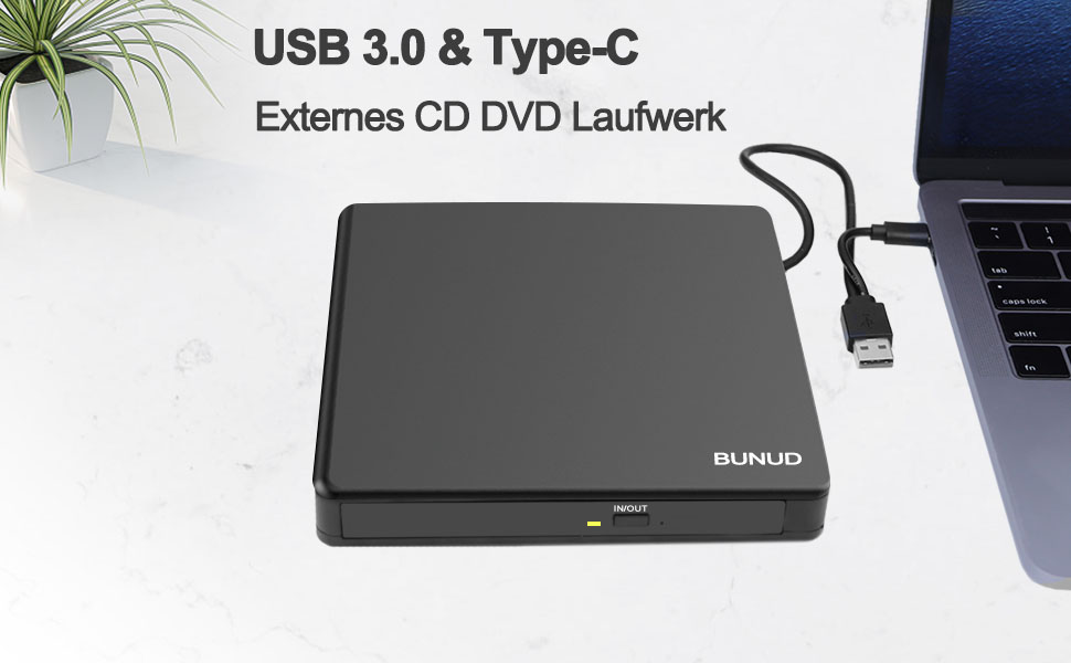 BUNUD External CD DVD Drive USB 3.0 TypeC with 2 USB & SD/TF, CD DVD