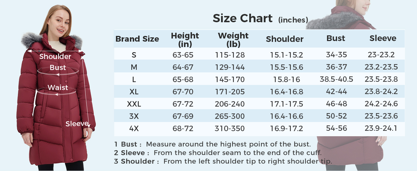 Long Puffer Jacket Acadia 40 size chart
