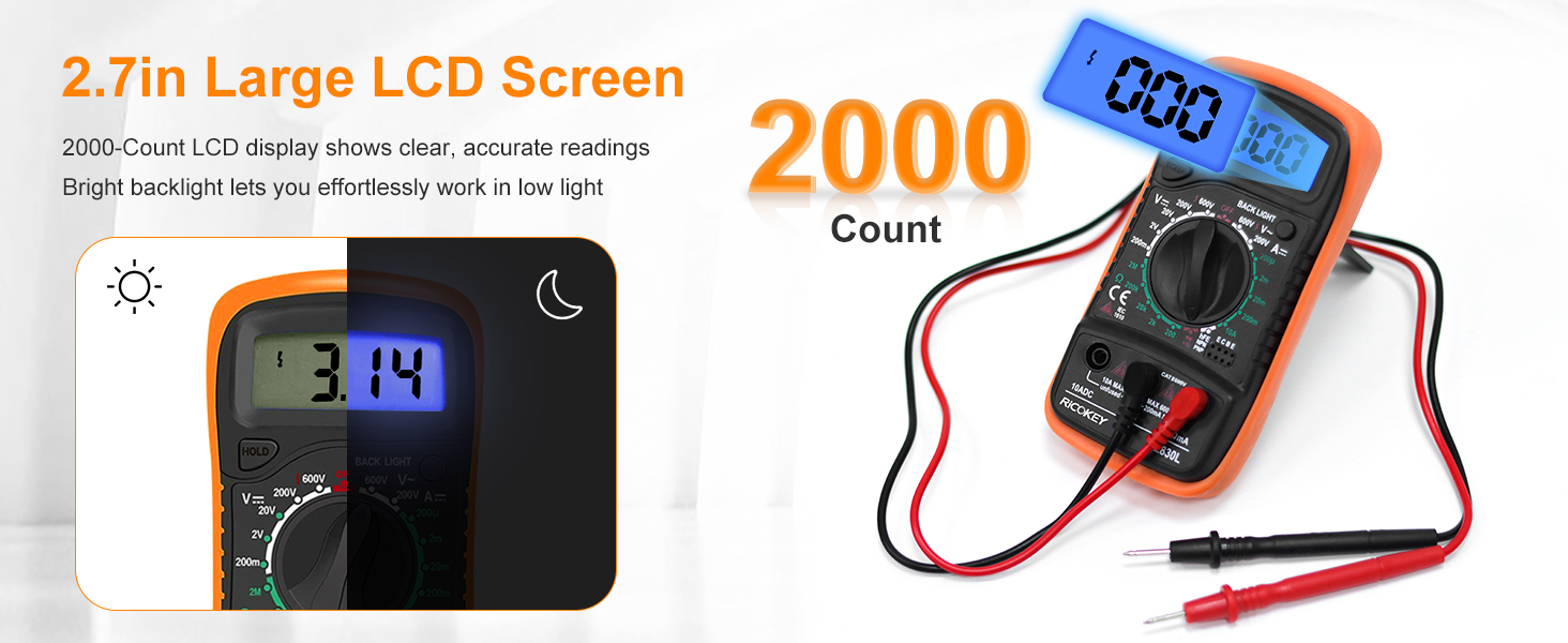 Text reads '2.7in Large LCD Screen 2000 Count'. Two digital multimeters shown - one with LCD display and another red multimeter with measuring probes.