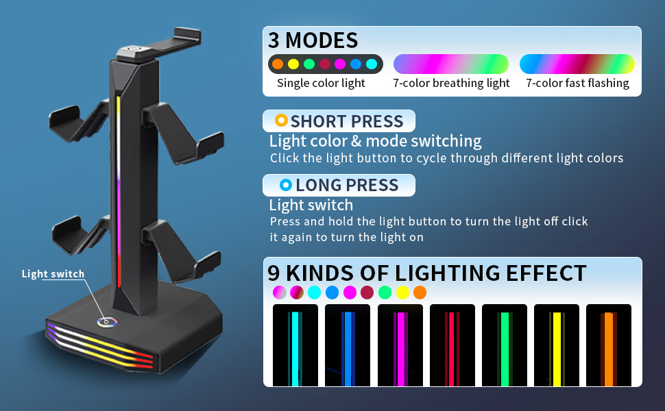9 kinds of lighting effect and 3 modes
