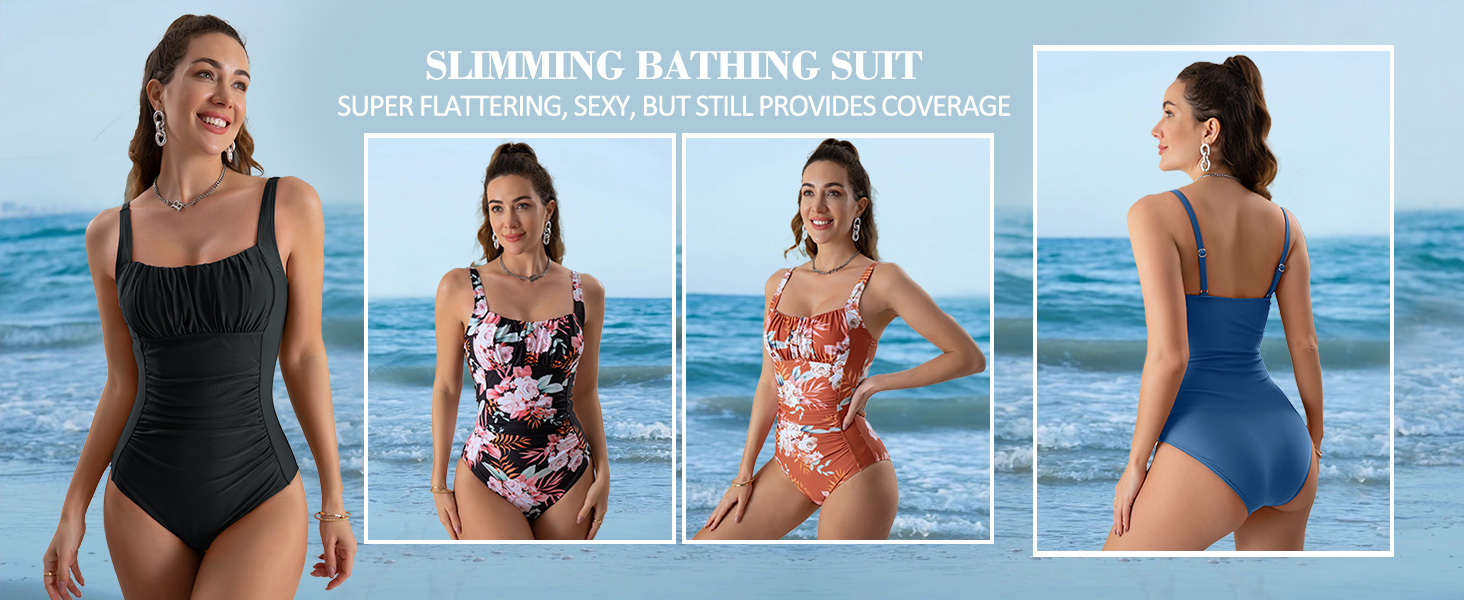 Tummy Control Swimsuits Ruched Slimming Support Full Coverage 1 Piece Swimwear