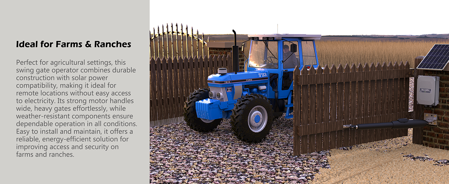 Durable swing gate opener for farms and ranches, weather resistant for outdoor use