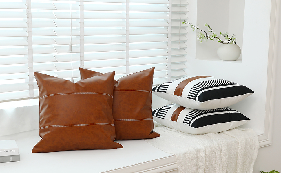 Throw Pillow Covers 18x18 Inch Set of 2, Faux Leather Accent Throw