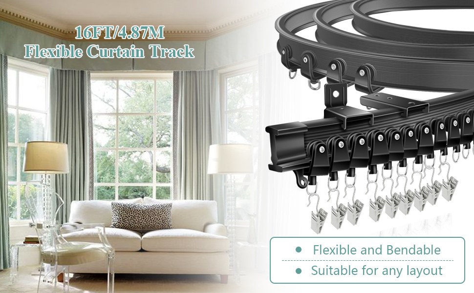 Ceiling Curtain Track for Bay Window, 4.87M/16FT Flexible Bendable