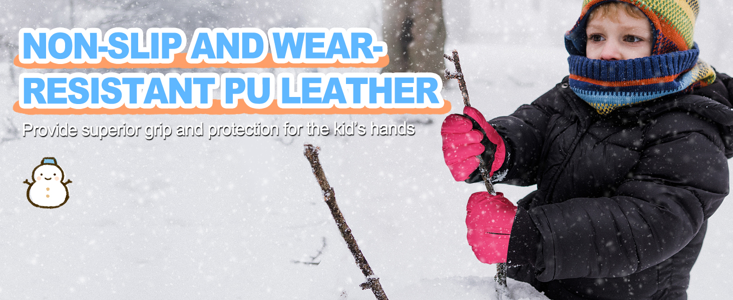 Produktwerbung für Winteraccessoires mit Schwerpunkt auf rutschfestem PU-Ledermaterial, gezeigt in verschneiter Umgebung im Freien