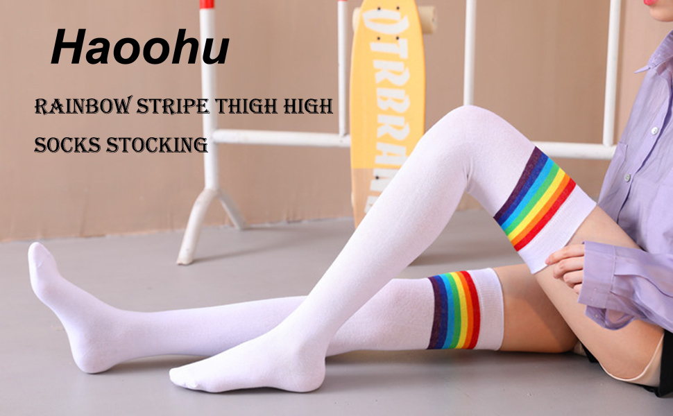 Haoohu 2 Pairs Womens Black White Socks Over Knee Rainbow