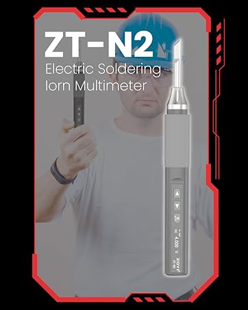 ZT-N2 Electric Soldering Iron Multimeter, featuring a sleek gray device with temperature controls and a pointed tip. Background shows person holding a small electronic component.