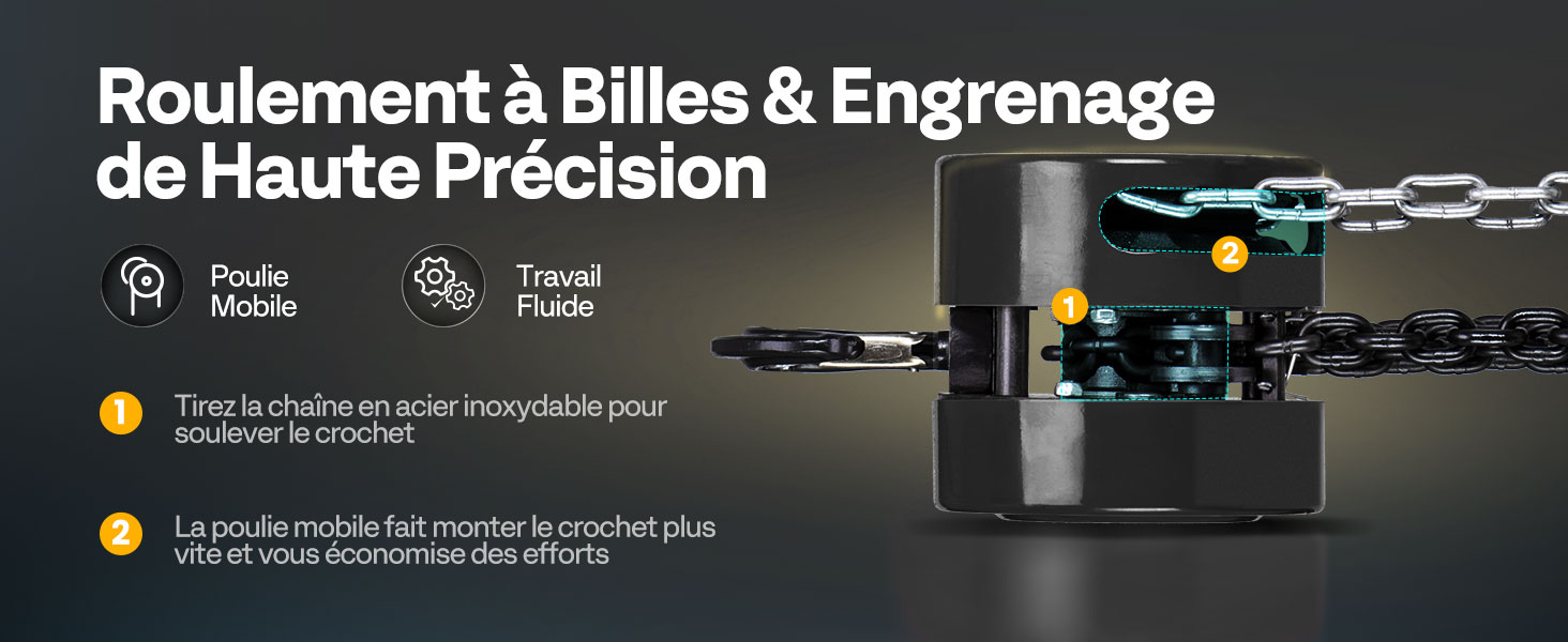 Le texte se lit comme suit : « Roulement à Billes & Engrenage de Haute Précision ». Bannière marketing présentant des composants techniques de précision avec finition métallique et effets lumineux.