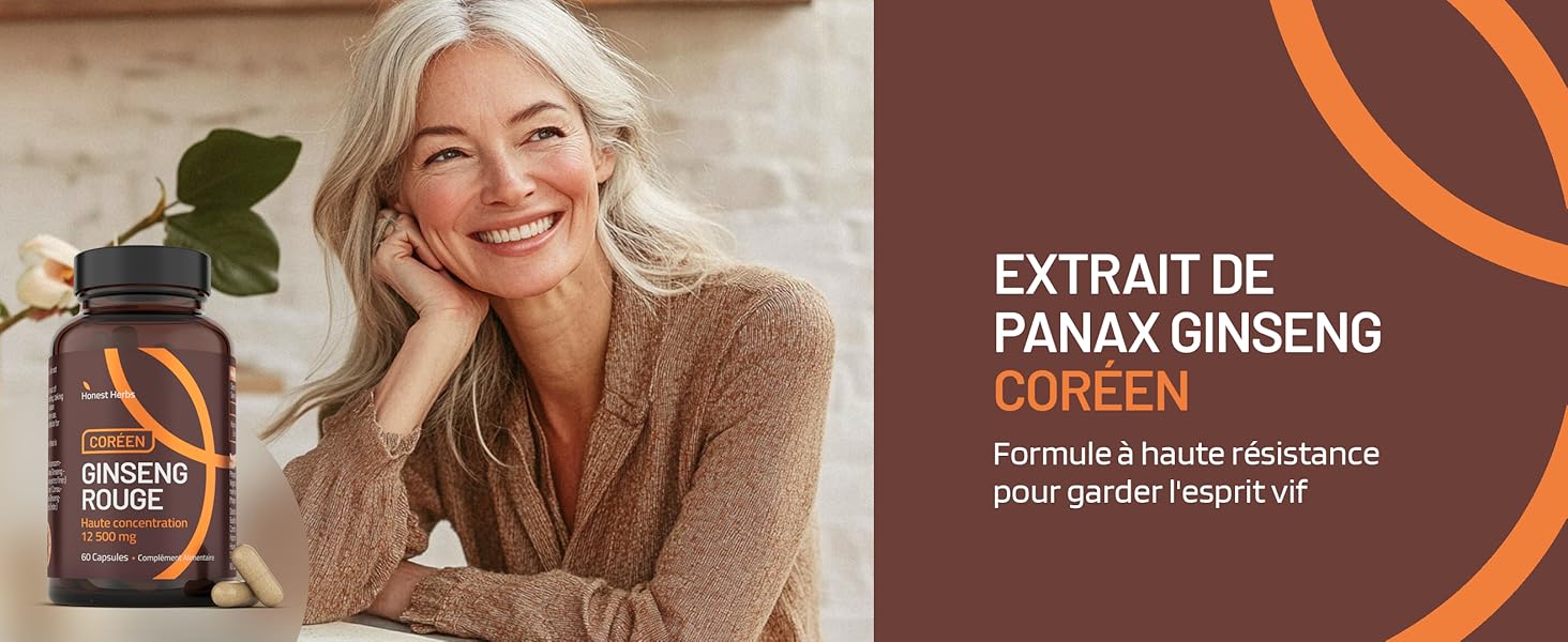 Flacon brun contenant un supplément d'extrait de Panax Ginseng, illustré par un panneau d'information orange sur le produit en texte français