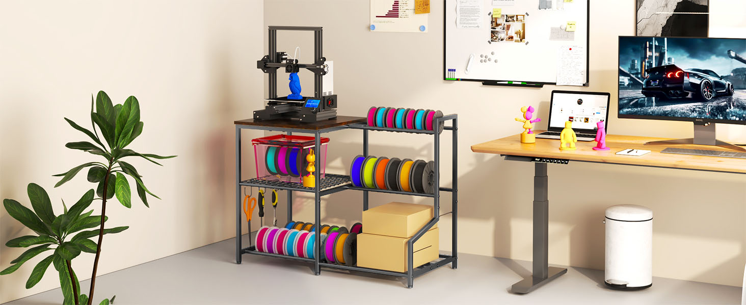 3D Printer Stand with Filament Storage Rack, 3D Printer Table with Shelves and 3-Tier Metal Spool Holder, Heavy-Duty 3D Filament Storage Stand for Workshop, Studio, or Office, Retro Brown 14 3d printer home studio