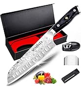 Professional kitchen knife set with damascus steel pattern blades, black handles, and red accent elements, shown from multiple angles with vegetables.