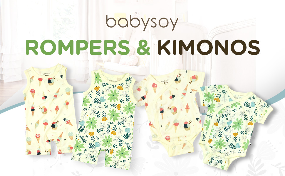 babysoy baby and toddler rompers and shortalls, kimono onesies