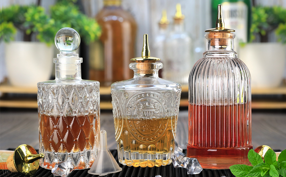 Bitters Bottle Set of 3 Vintage Glass Dasher Bitter Bottles for