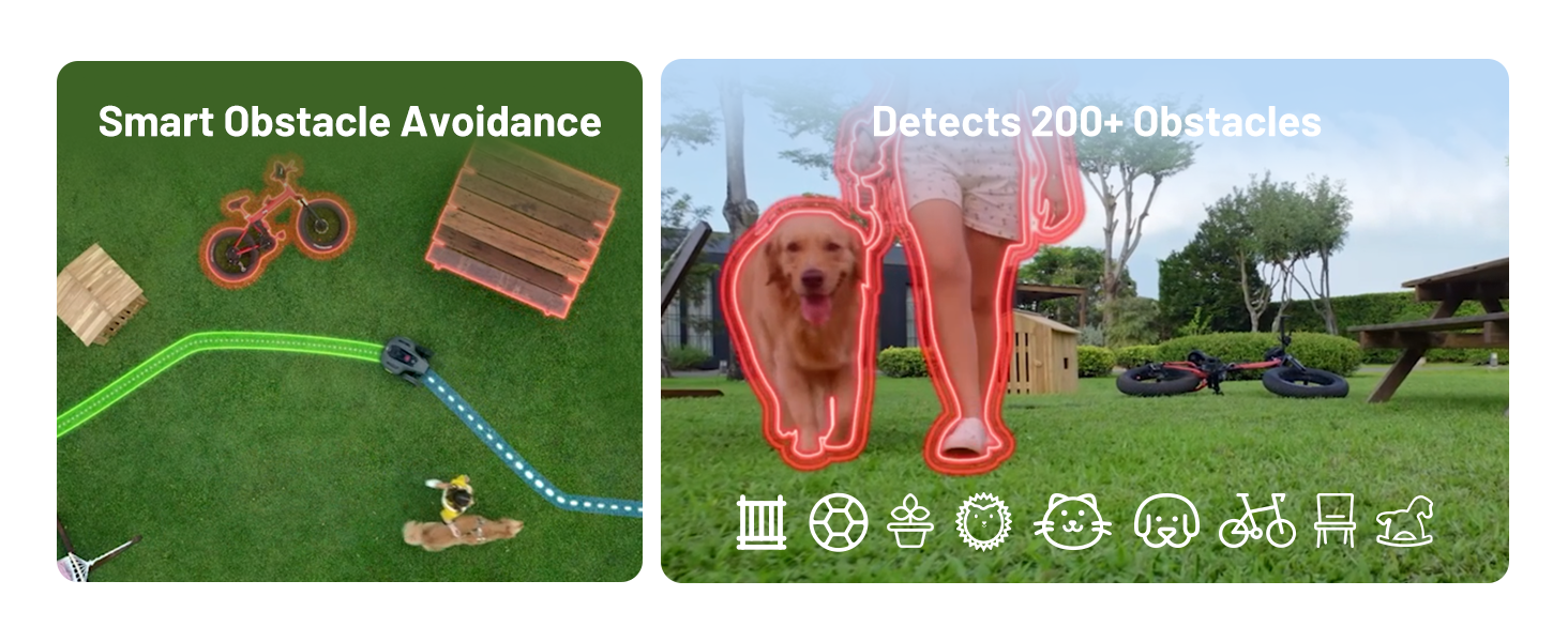 Split image showing obstacle avoidance for robotic lawn mower. Left panel displays top-down view of mower path. Right panel shows dog detection with highlighted obstacles in a backyard.