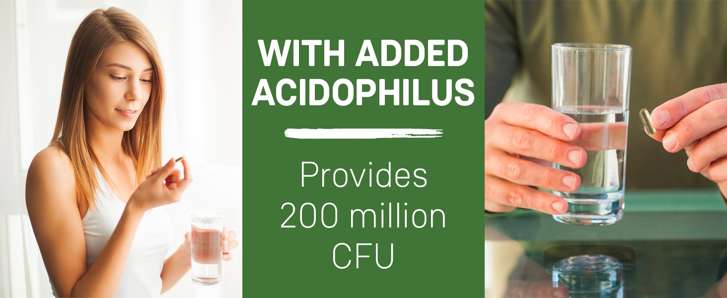 Probiotic supplement with added acidophilus, providing 200 million CFU. Image shows a woman holding a pill and a glass of water alongside text highlighting product benefits.