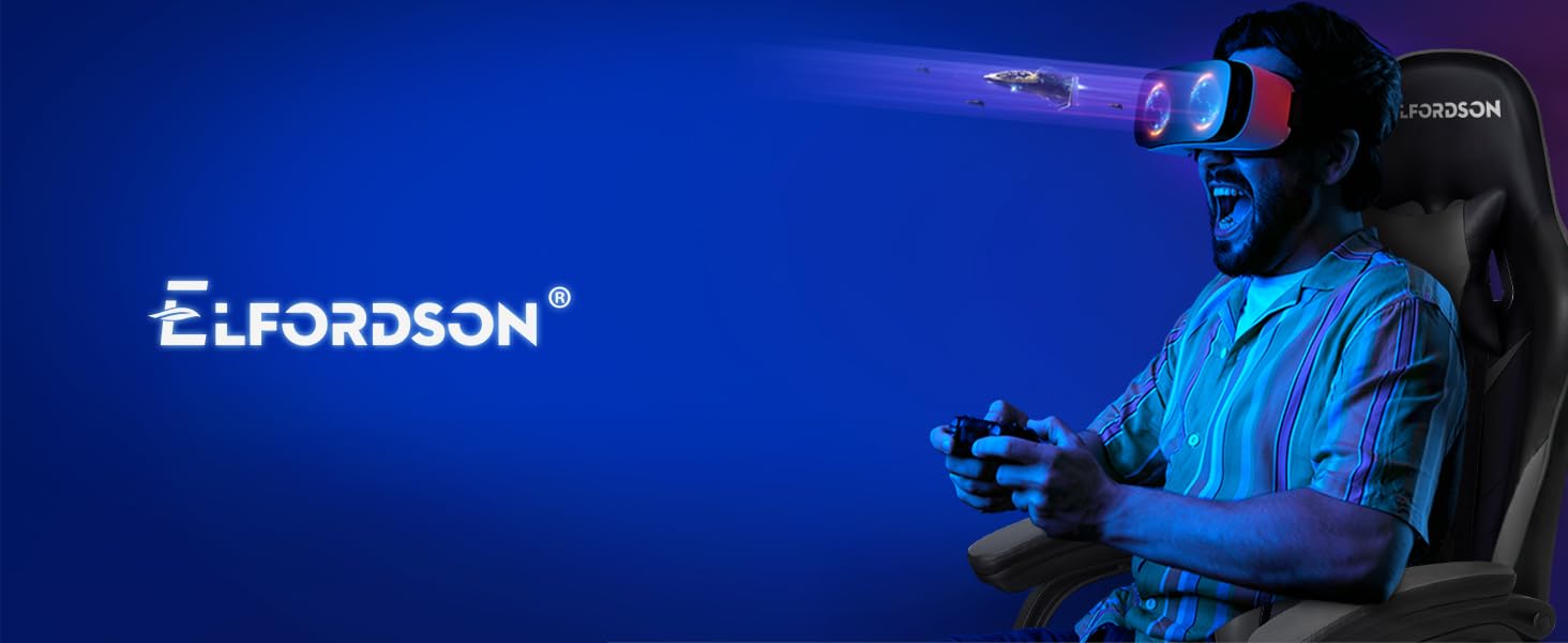 ELFORDSON Gaming Chair Lumbar Massage With Footrest, Grey & Black 20 5-1