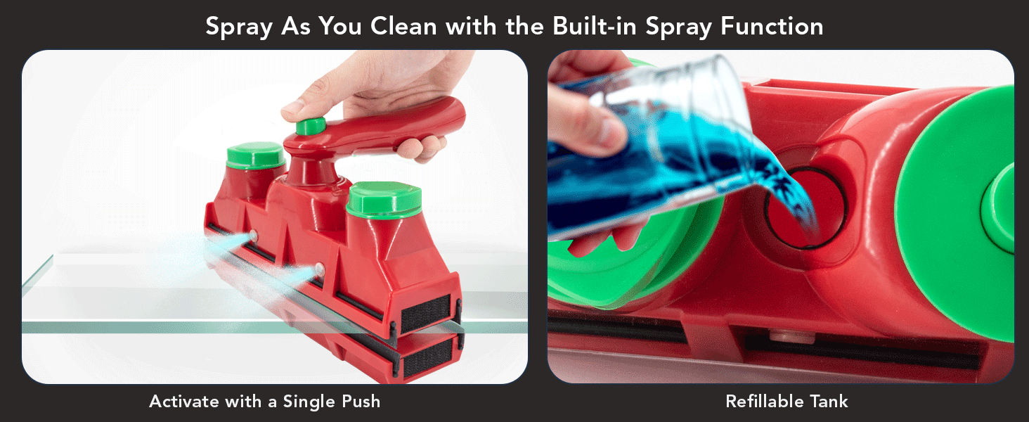 Hand pouring glass cleaner into refillable tank of magnet window cleaner tool