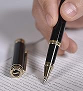 Luxury Pen by Scriveiner London - Stunning Black Lacquer Rollerball Pen with 24K Gold Finish, Sch...