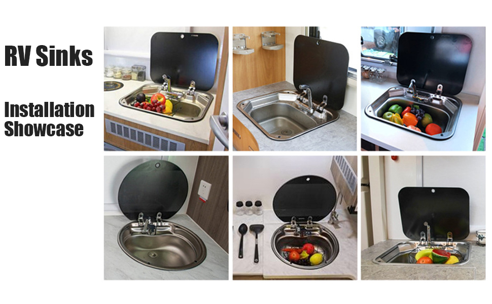 DNYSYSJ RV Sink with Folded Faucet & Cover, Single Bowl Dropin Hand