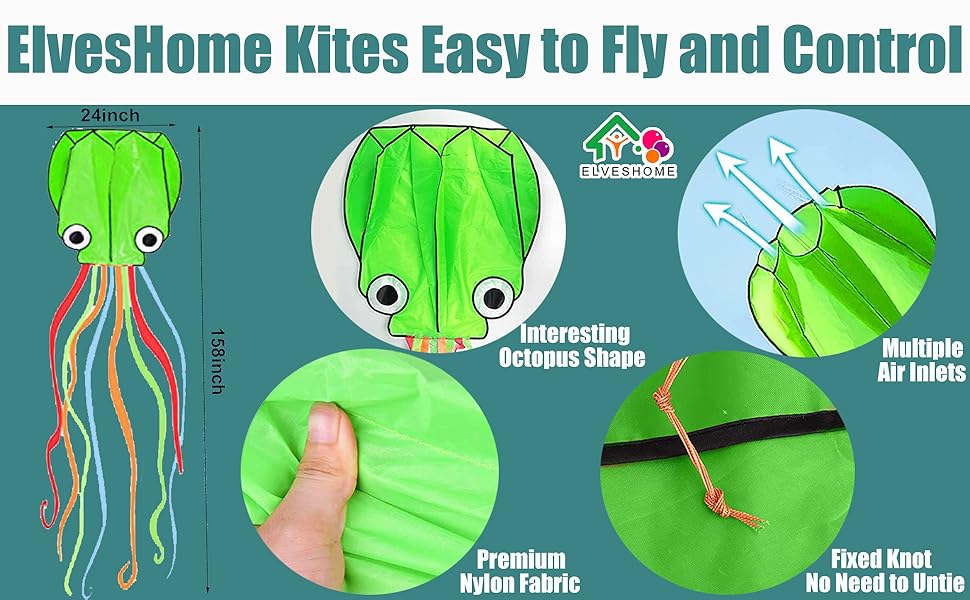 Octopus Kite 3 Pack, Long Tail Beautiful Easy Flyer Kites Beach Kites, Large Kites