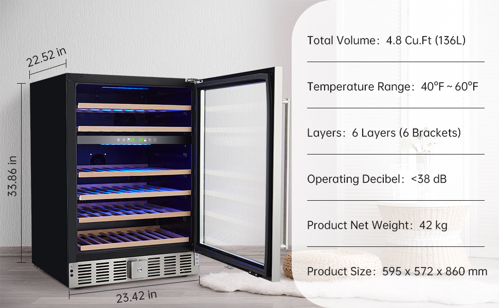 52 Bottles Wine Cooler Under Counter, 24 Inch Dual Zone