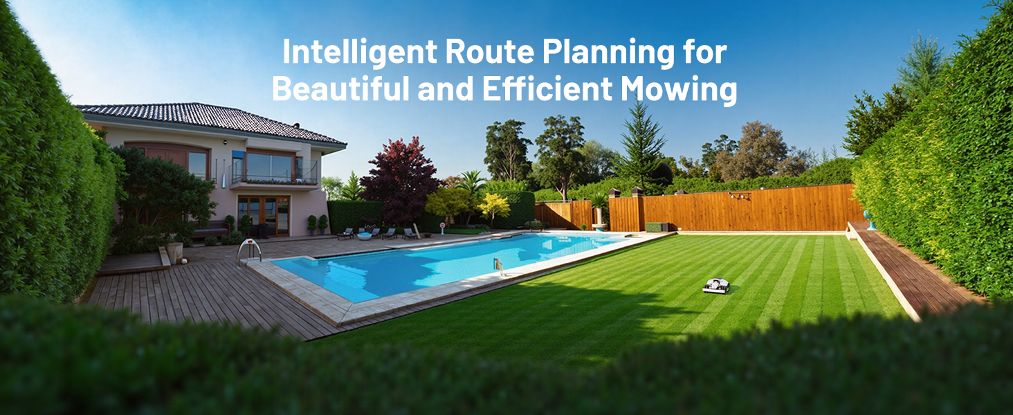 Backyard with swimming pool, manicured lawn, and robotic lawn mower. Text overlay reads 'Intelligent Route Planning for Beautiful and Efficient Mowing'.