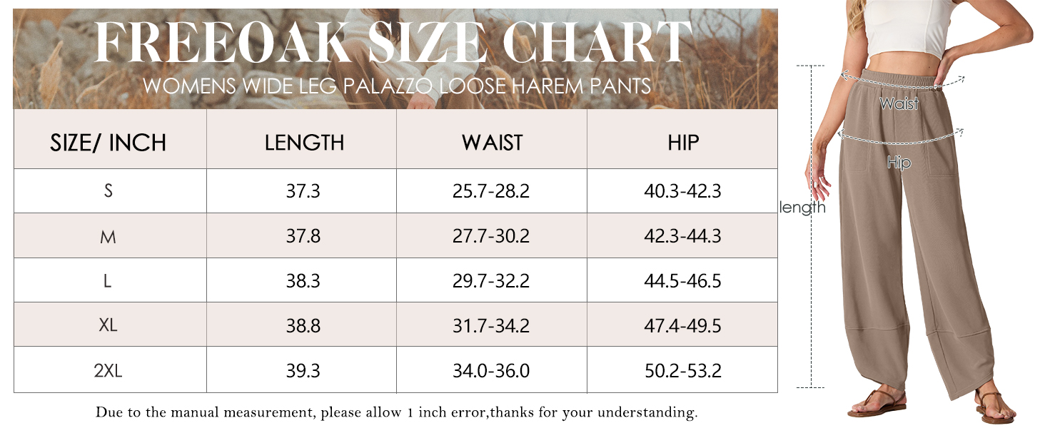 Freeoak Wide Leg Pants Size Chart