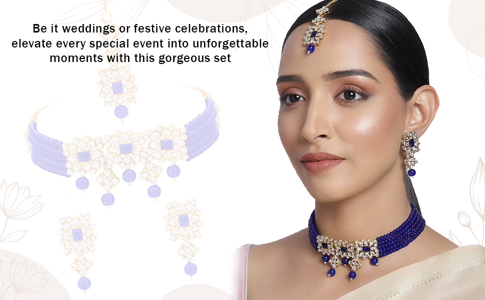 Buy Peora Blue Gold Plated Brass Indian Traditional Kundan Faux Pearl