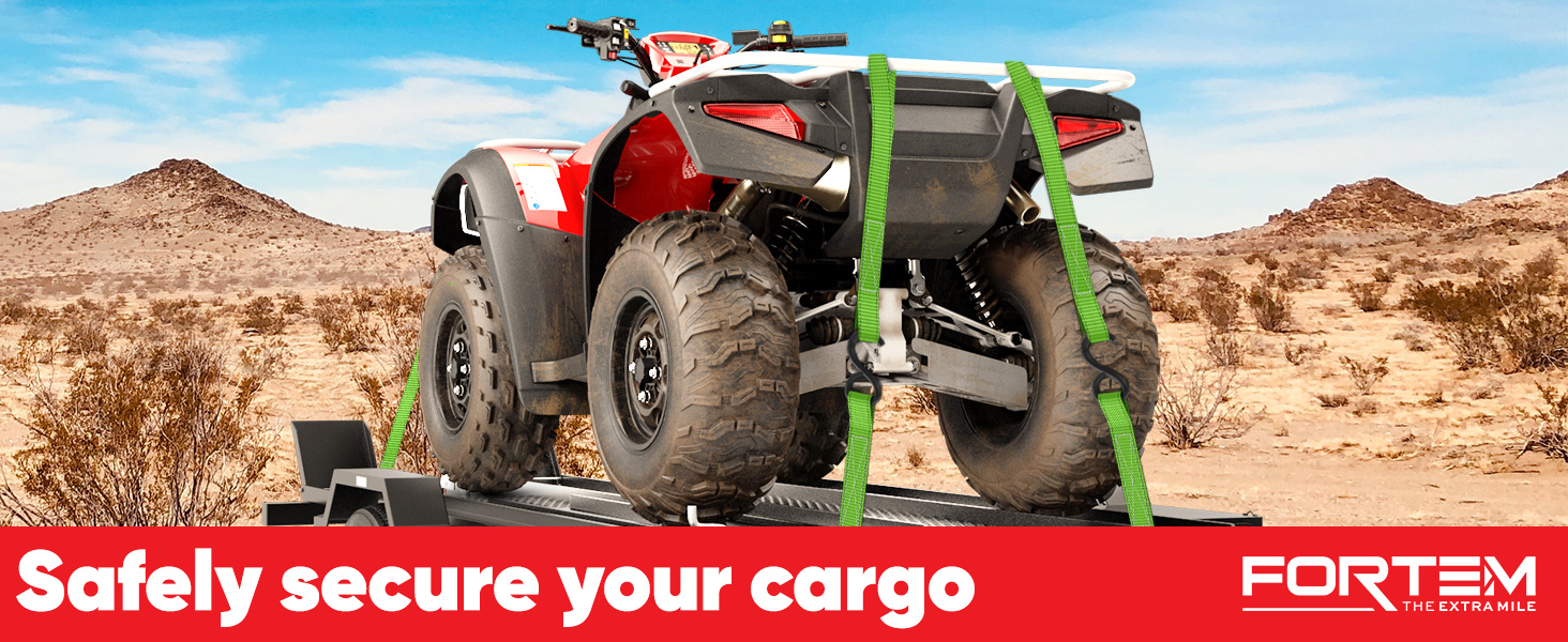 ATV being secured by ratchet straps. 1650lb break strength 