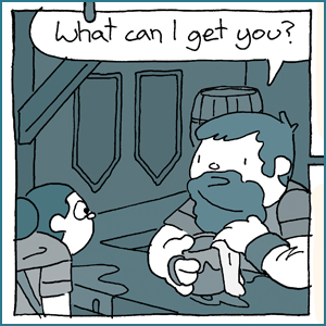 Comic panel image with a barman saying "What can I get you?"