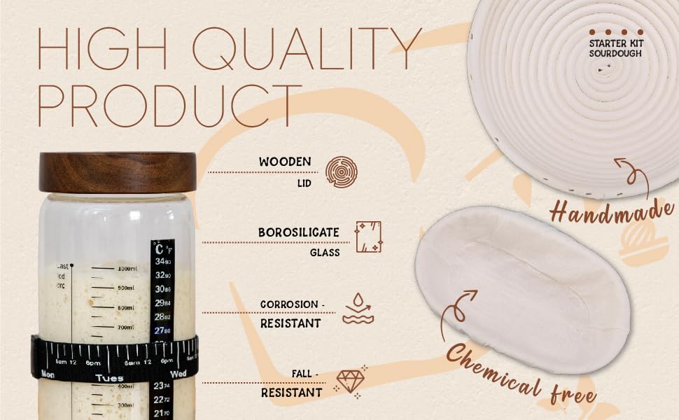 Sourdough Starter Kit,Jar with sealed Lid,2 Banneton Bread Proofing Baskets