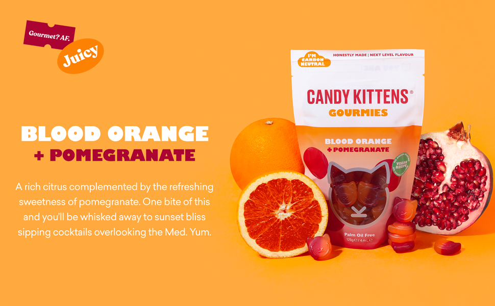 Vegan Sweets, CANDY KITTENS GOURMIES BLOOD ORANGE & POMEGRANATE, Packed With Fruit Juice