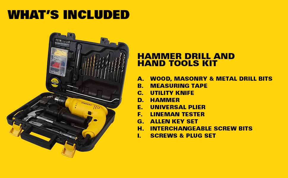 STANLEY SDH600KP 600W 13mm Corded Hammer Drill Machine & Hand Tool Kit