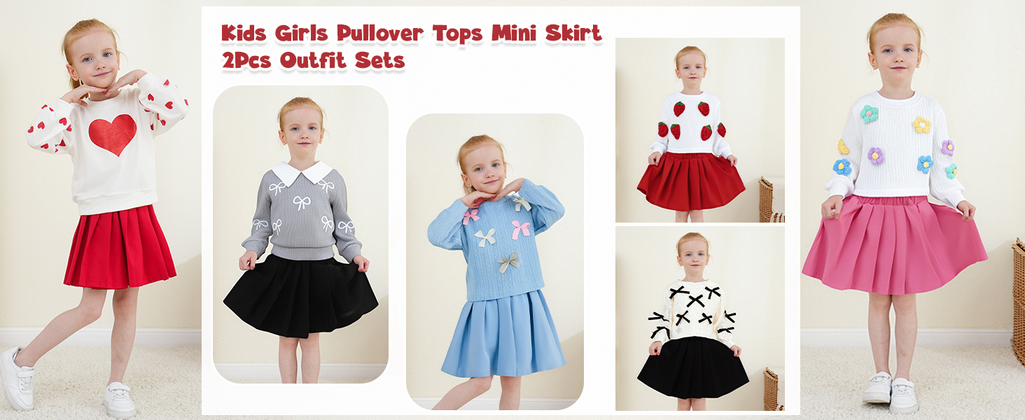 2PCS Girls Pullover Tops Mini Skirt Outfit Sets