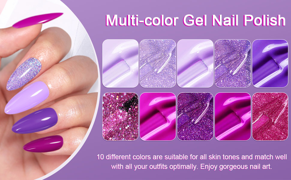 Shining She Gel Nail Polish Set, 10 Colors Purple Rose White Shimmer
